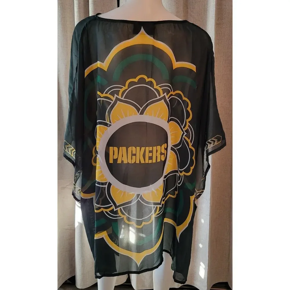 NFL Green Bay Packers Sheer Caftan Flower Design Beach Cover Up OSFA